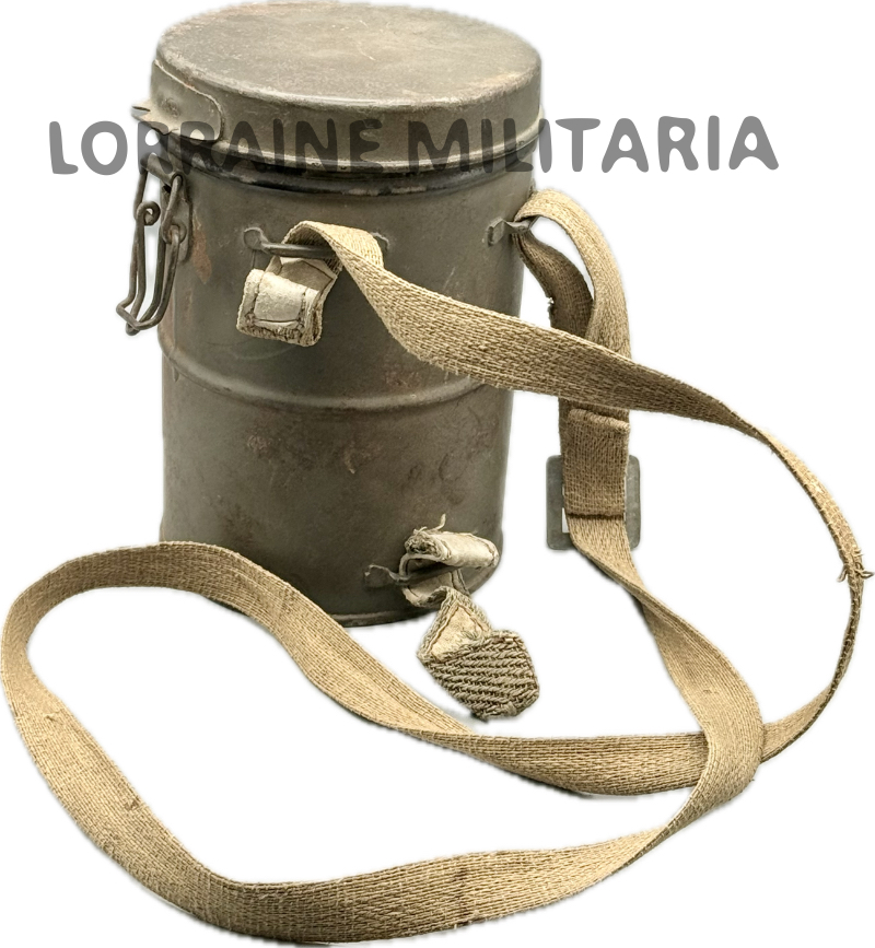 militaria : BOITIER ALLEMAND DE MASQUE A GAZ LEDERMASK COMPLETE FELDGRAU