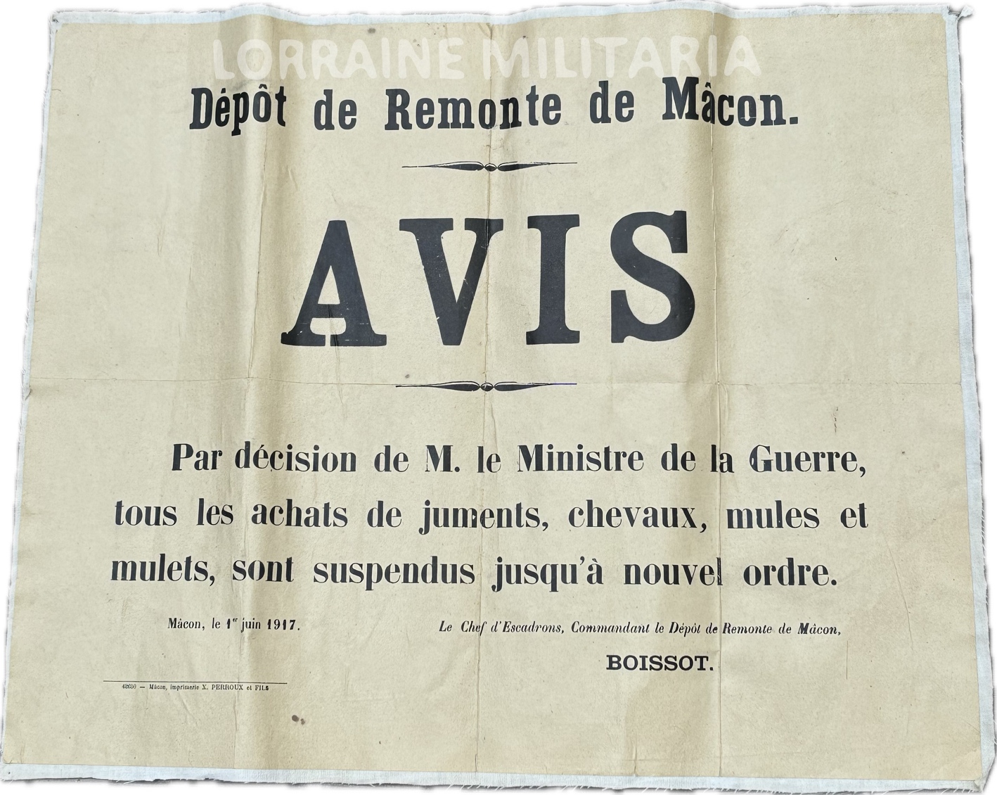 militaria : AFFICHE DEPOT DE REMONTE DE MACON DATEE 1917