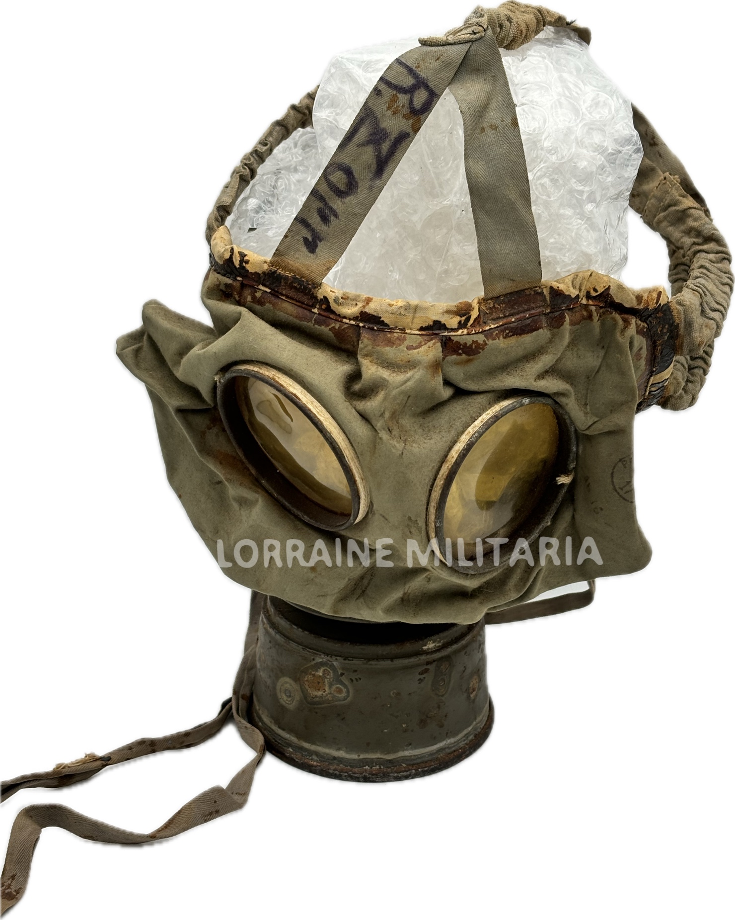 militaria : MASQUE A GAZ TOILE COMPLET AVEC SA BOITE 1917