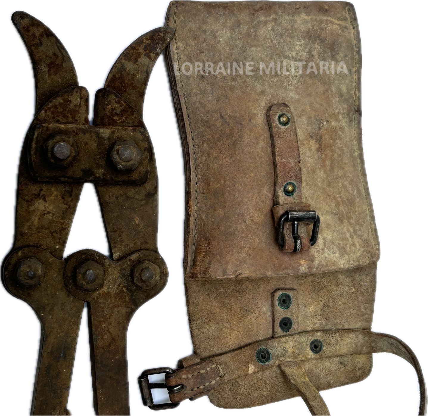 militaria : GRANDE CISAILLE COUPE BARBELE AVEC ETUI CUIR