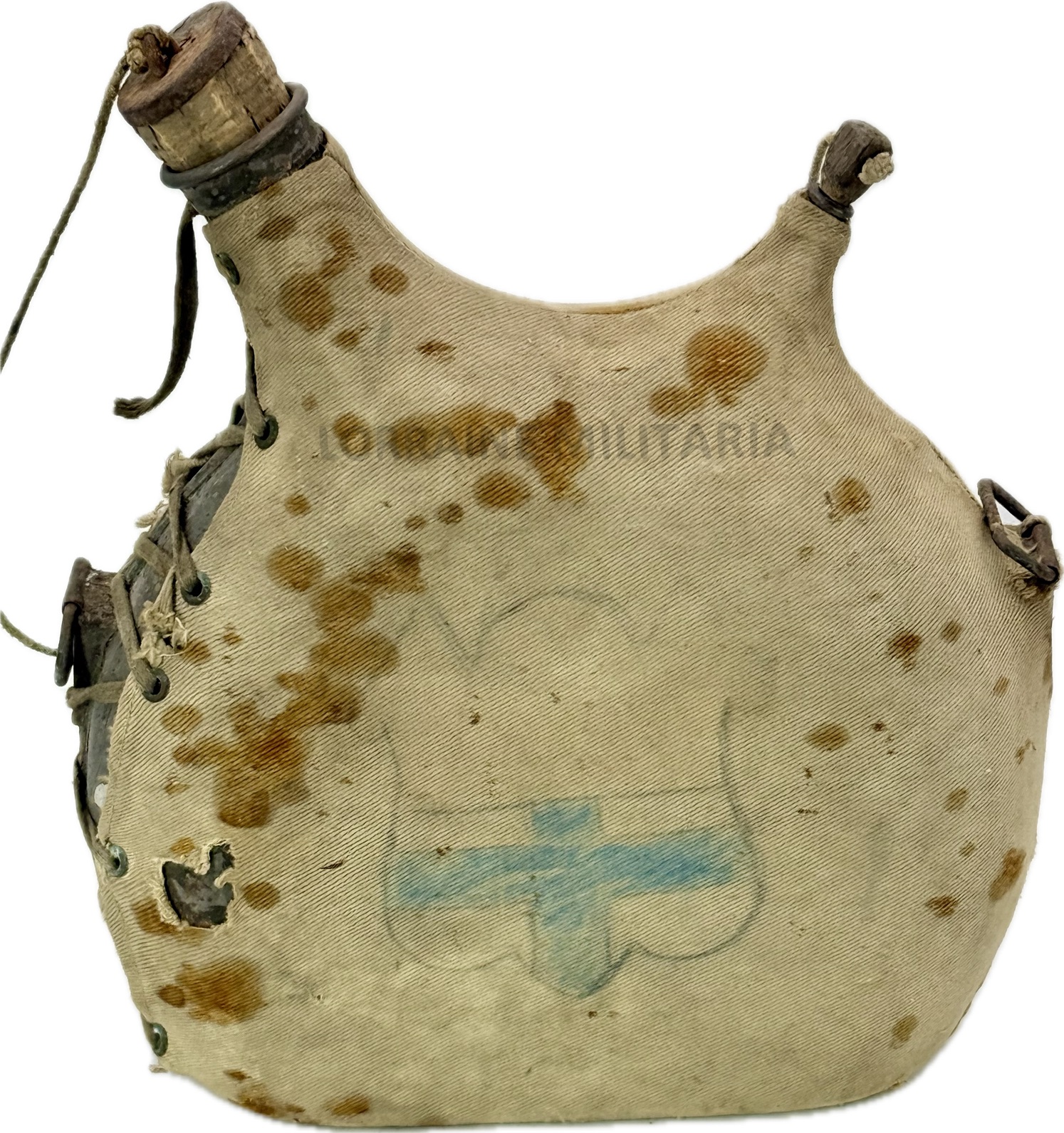 militaria : GOURDE DE 2 LITRES TOILE BRUN CLAIR BLASON DESSINE DESSUS