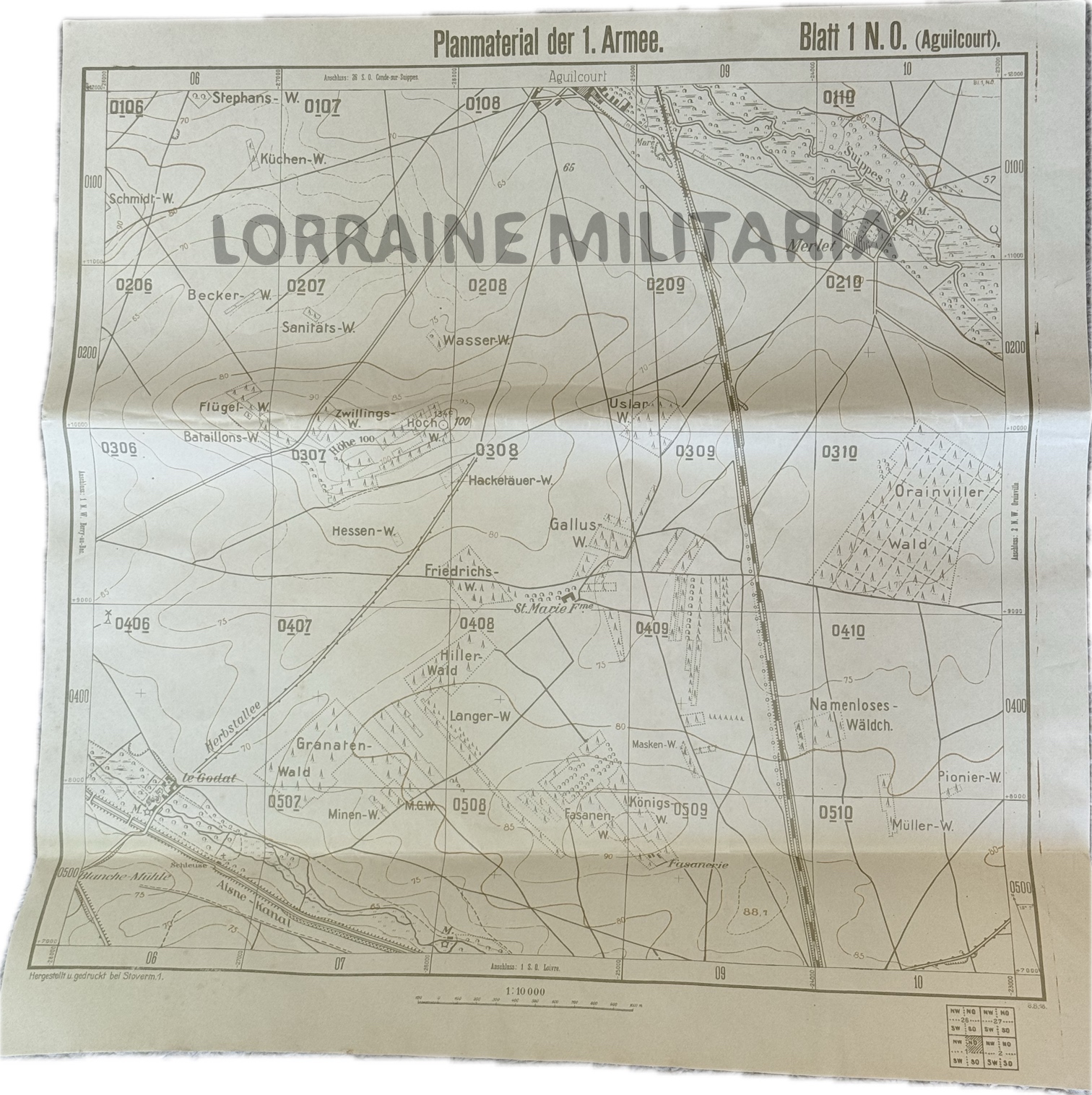 militaria : CARTE CANEVAS 1ÈRE ARMEE ALLEMANDE SUD AGUILCOURT AISNE DATE 1918