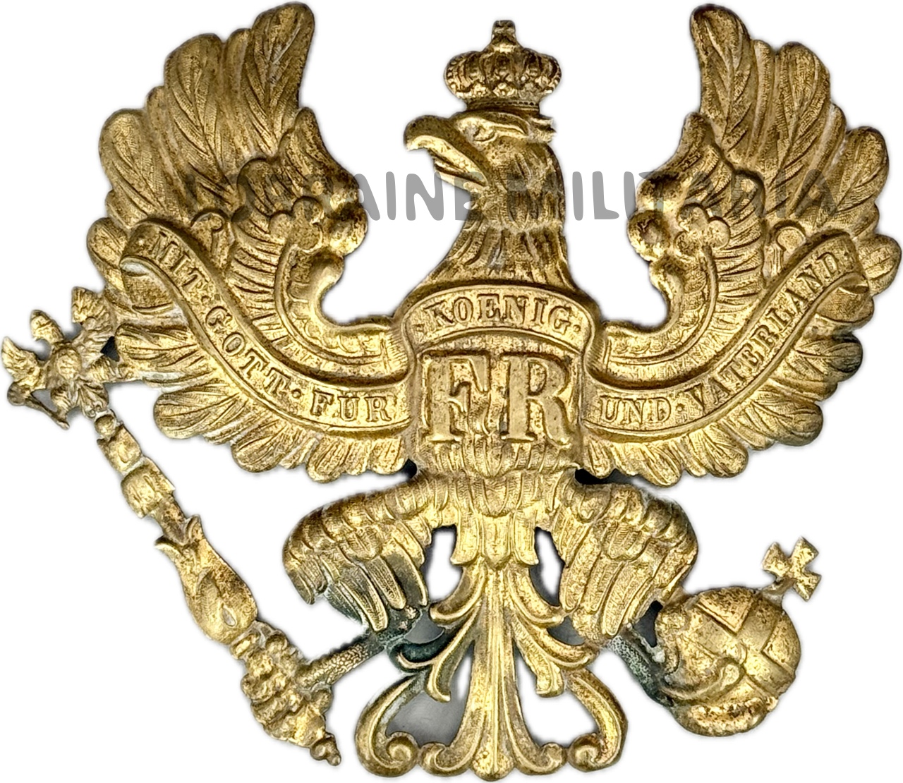 militaria : PLAQUE DE CASQUE A POINTE PRUSSE MLE 1895 LAITON AVEC DORURE D'ORIGINE