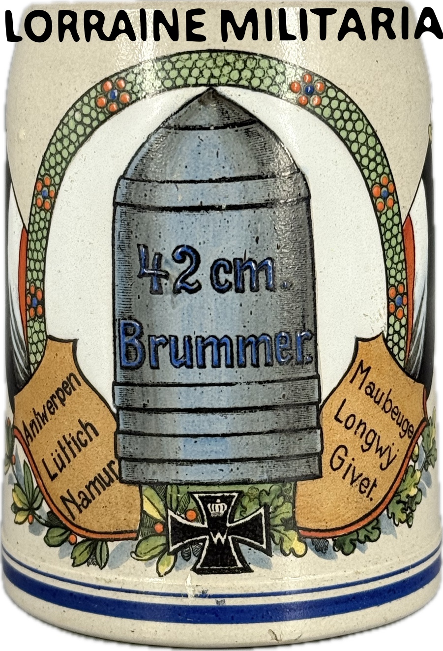 militaria : CHOPE ALLEMANDE EN TERRE CUITE 0,5 L  AVEC OBUS DE 42 CM