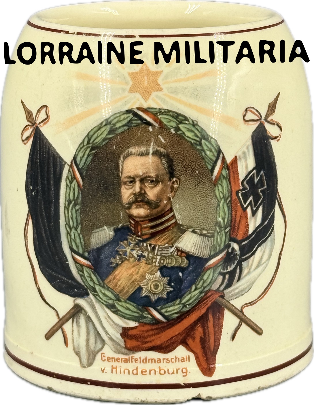 militaria : PETITE CHOPE A BIERE ALLEMANDE DECOR GENERALFELDMARSCHALL VON HINDENBURG