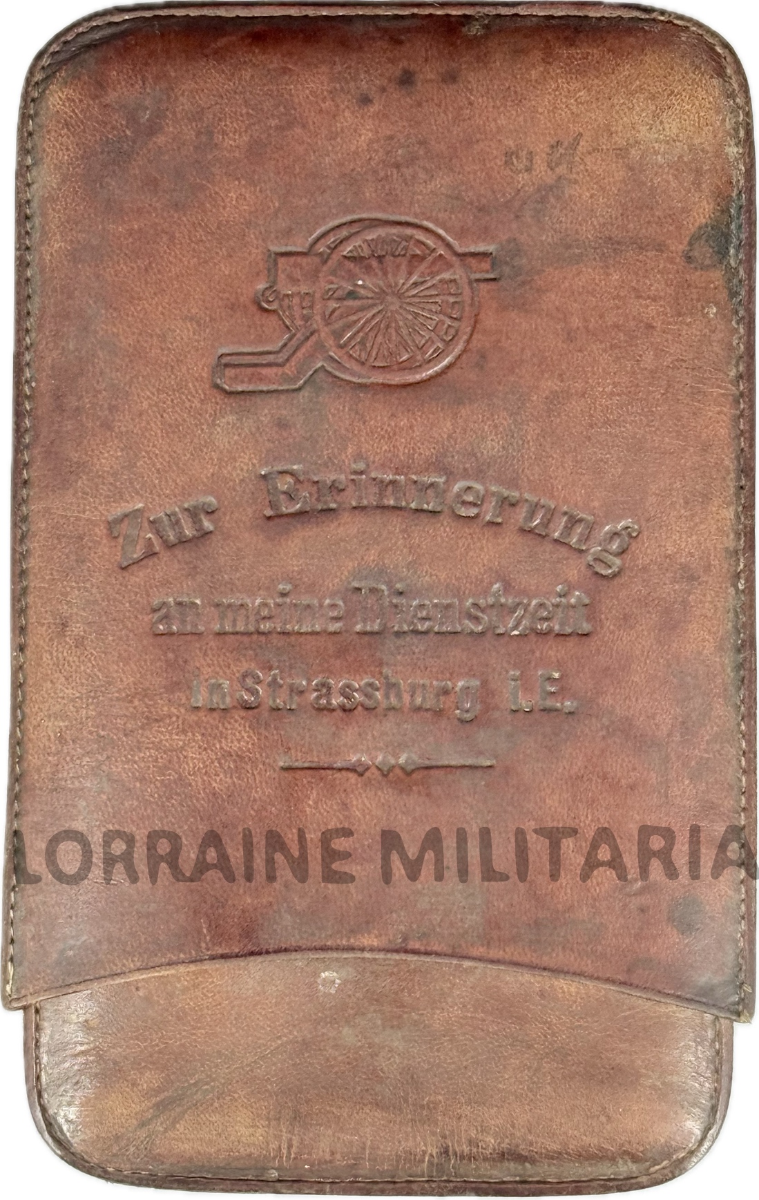 militaria : ETUI CUIR A CIGARES ALLEMAND SOUVENIR REGIMENT D'ARTILLERIE STRASBOURG