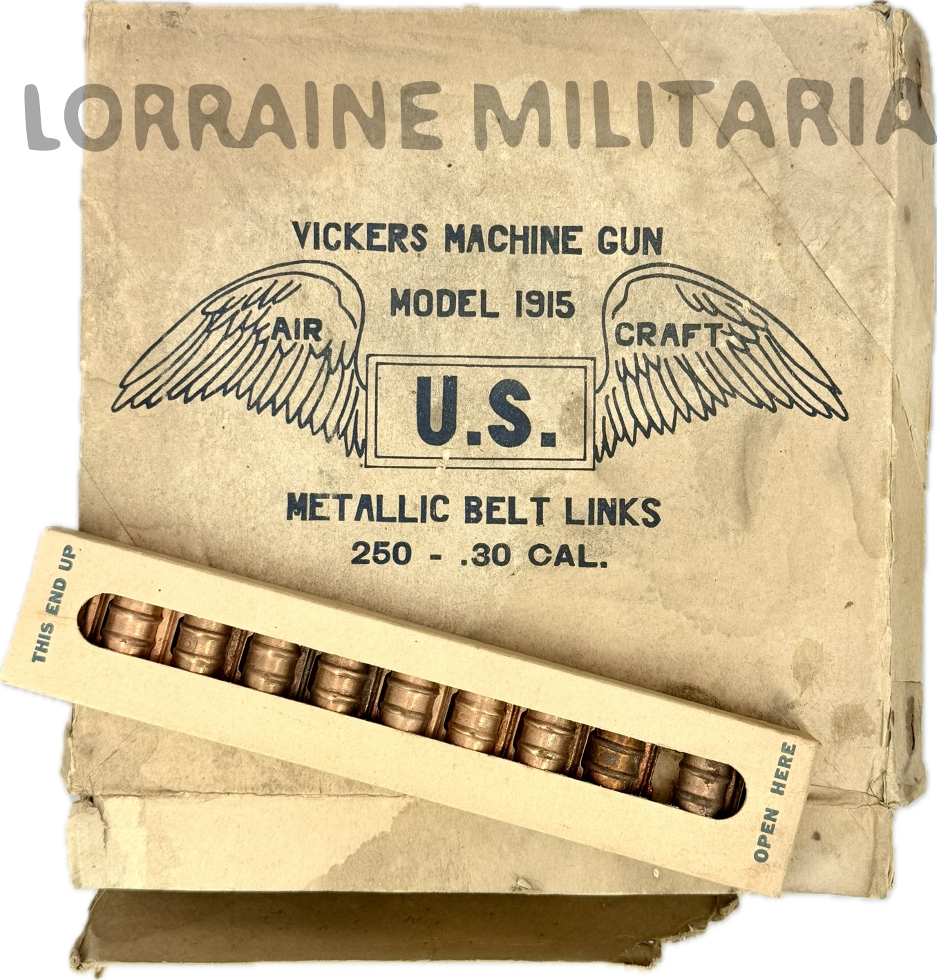 militaria : SUPERBE BOITE D'ORIGINE USA AVEC 250 MAILLONS BANDE MITRAILLEUSE AVIATION