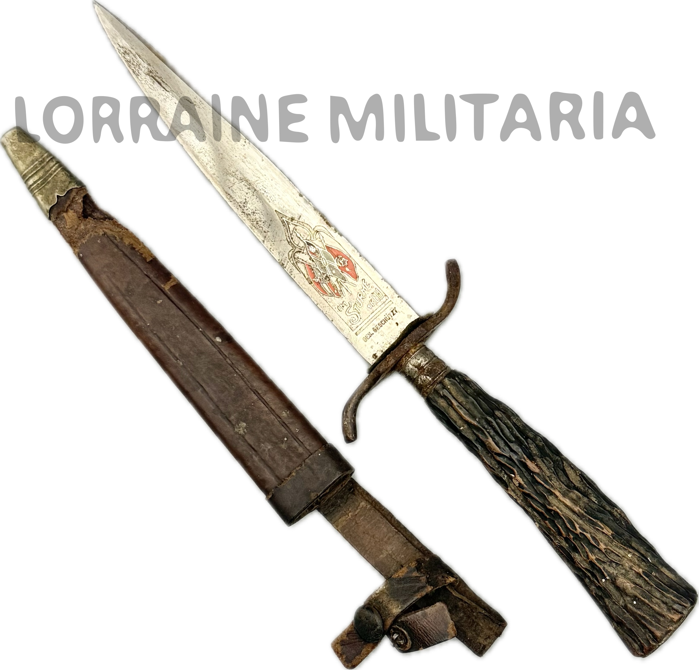 militaria : COUTEAU DE COMBAT ALLEMAND LAME GRAVÉE DRAPEAUX IM STURME TREU